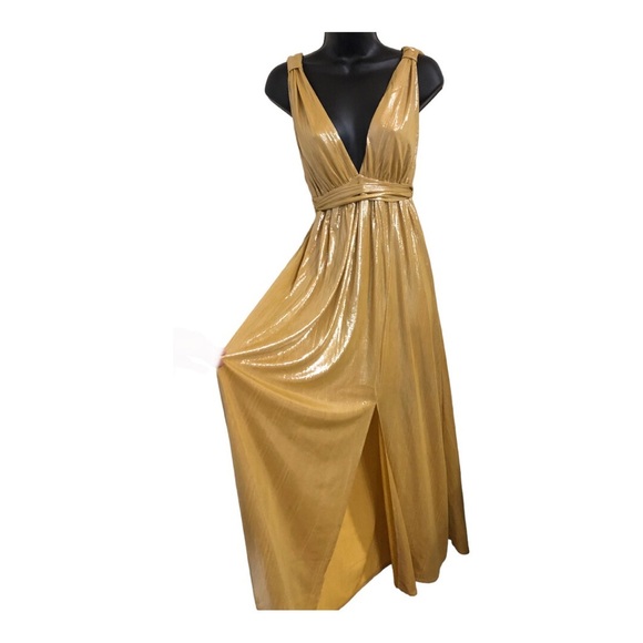 Sincerely jules gold lame grecian look plunge front belted gown‎ dress size XS - Picture 1 of 17